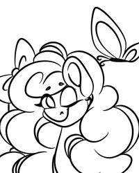 Size: 1080x1350 | Tagged: safe, artist:tessa_key_, derpibooru import, oc, oc only, butterfly, earth pony, pony, bow, bust, earth pony oc, hair bow, lineart, monochrome, one eye closed, simple background, smiling, solo, white background, wink