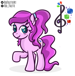 Size: 1092x1096 | Tagged: safe, artist:redpalette, derpibooru import, oc, oc only, oc:violet ray, earth pony, pony, cutie mark, hair tie, signature, smiling, solo