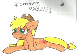 Size: 1014x739 | Tagged: safe, artist:cmara, derpibooru import, applejack, earth pony, pony, :t, applejack's hat, bored, clothes, cowboy hat, female, hat, lying down, mare, prone, raised hoof, raised leg, simple background, solo, traditional art, white background