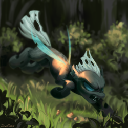 Size: 2000x2000 | Tagged: safe, artist:jewellier, derpibooru import, changeling, fangs, forest, grass, missing horn, quadrupedal, scenery, solo, tree