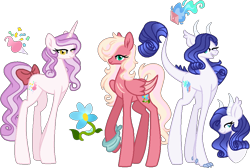 Size: 928x623 | Tagged: safe, artist:auroranovasentry, derpibooru import, oc, oc only, oc:apple blossom, oc:fire gem, oc:sugar party, dracony, hybrid, pegasus, pony, unicorn, female, interspecies offspring, mare, offspring, parent:big macintosh, parent:fluttershy, parent:pinkie pie, parent:pokey pierce, parent:rarity, parent:spike, parents:fluttermac, parents:pokeypie, parents:sparity, simple background, transparent background