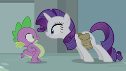 Size: 1280x720 | Tagged: safe, derpibooru import, screencap, rarity, spike, dragon, pony, unicorn, inspiration manifestation, bag, duo, female, male, mare, saddle bag, surprised