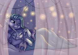 Size: 1080x764 | Tagged: safe, artist:pony_riart, derpibooru import, oc, oc only, pony, unicorn, bed, eyes closed, horn, hug, indoors, one eye closed, sleeping, unicorn oc, wink