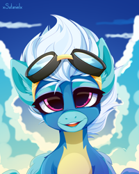 Size: 4000x5000 | Tagged: safe, artist:xsatanielx, derpibooru import, fleetfoot, pegasus, pony, clothes, cloud, female, goggles, looking at you, mare, open mouth, rcf community, signature, sky, smiling, solo, teeth, uniform, wonderbolts uniform