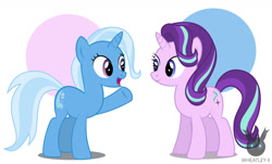 Size: 1461x882 | Tagged: safe, artist:wheatley r.h., derpibooru exclusive, derpibooru import, starlight glimmer, trixie, unicorn, female, happy, lesbian, shipping, simple background, startrix, vector, watermark, waving