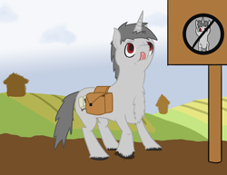 Size: 3300x2550 | Tagged: safe, artist:tofuslied-, derpibooru import, oc, oc only, pony, unicorn, bag, chest fluff, digital art, saddle bag, sign, solo, tongue out