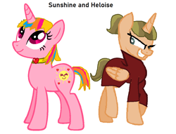 Size: 978x748 | Tagged: safe, derpibooru import, oc, oc:sunshine, pegasus, pony, unicorn, cloak, clothes, evil, heart, heloise, jimmy two shoes, looking up, ponified, ponytail, smiling, sun