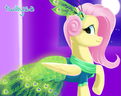 Size: 773x610 | Tagged: safe, artist:twiliysa, derpibooru import, fluttershy, pegasus, pony, clothes, dress, female, full moon, gala dress, mare, moon, solo