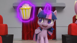 Size: 1920x1080 | Tagged: safe, derpibooru import, screencap, twilight sparkle, twilight sparkle (alicorn), alicorn, pony, hat in the way, my little pony: pony life, my little pony: stop motion short, food, magic, popcorn, solo, stop motion