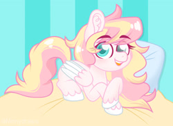 Size: 3100x2254 | Tagged: safe, artist:ninnydraws, derpibooru import, oc, oc:ninny, pegasus, fluffy, full body, looking at you, lying down, pillow, simple background