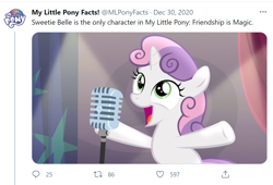 Size: 1476x1006 | Tagged: safe, derpibooru import, screencap, sweetie belle, pony, unicorn, bloom and gloom, bipedal, female, filly, funny, looking up, meta, microphone, my little pony facts, open mouth, raised hoof, raised leg, solipsism, solo, text, twitter, what a twist