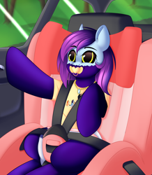 Size: 2400x2750 | Tagged: safe, artist:xcinnamon-twistx, derpibooru import, oc, oc:aeris strider, pony, car, car ride, car seat, clothes, commission, diaper, face mask, mask, pacifier, seatbelt, shirt, t-shirt