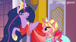 Size: 1920x1080 | Tagged: safe, artist:luna.queex, derpibooru import, edit, edited screencap, screencap, luster dawn, princess twilight 2.0, twilight sparkle, twilight sparkle (alicorn), alicorn, pony, make new friends but keep discord, the last problem, alicornified, clothes, colored wings, colored wingtips, crown, dress, duo, ethereal mane, eyelashes, eyes closed, female, hoof shoes, horn, indoors, jewelry, lustercorn, mare, older, older twilight, open mouth, race swap, raised hoof, raised leg, regalia, starry mane, wings