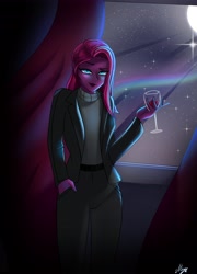Size: 2954x4096 | Tagged: safe, artist:melanyoprisdraws, derpibooru import, tempest shadow, equestria girls, alcohol, alternate hairstyle, beautiful, beautiful eyes, bedroom eyes, blue eyes, blushing, clothes, coat, curtains, cute, drink, equestria girls-ified, female, glass, jeans, looking at you, moon, night, pants, shiny eyes, solo, stars, sweater, tempestbetes, window, wine, wine glass, woman