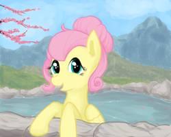 Size: 1280x1024 | Tagged: safe, artist:podiponi, derpibooru import, fluttershy, pegasus, pony, alternate hairstyle, ear fluff, ears, female, folded wings, hair bun, happy, heart eyes, hot springs, looking at you, mare, open mouth, outdoors, scenery, smiling, solo, three quarter view, water, wingding eyes, wings