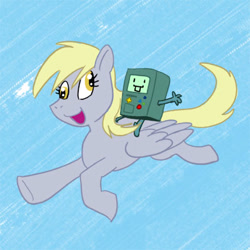 Size: 400x400 | Tagged: safe, artist:carelessdoodler, derpibooru import, derpy hooves, pegasus, pony, adventure time, bmo, crossover, cutie mark, digital art, duo, female, flying, open mouth, simple background, sky, spread wings, tail, wings