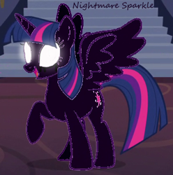 Size: 340x343 | Tagged: safe, derpibooru import, edit, twilight sparkle, twilight sparkle (alicorn), alicorn, pony, 1000 hours in ms paint, black tears, crying, evil, evil twilight, glowing eyes, nightmare twilight, nightmarified, smiling