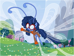 Size: 800x600 | Tagged: safe, artist:flash equestria photography, derpibooru import, oc, oc:moonflower mist, breezie, antennae, blue hair, clothes, coat, flower field, flying, glasses, opaque lenses, outdoors, pigtails, show accurate, solo, sweater