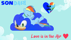 Size: 728x410 | Tagged: safe, derpibooru import, rainbow dash, pegasus, pony, cloud, crossover, crossover shipping, eyes closed, female, heart, love, male, shipping, sky, sleeping, sonic the hedgehog, sonic the hedgehog (series), sonicdash, story included, straight, true love