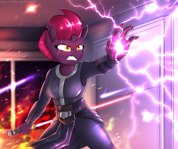 Size: 4500x3776 | Tagged: safe, artist:felixf, derpibooru import, tempest shadow, anthro, unicorn, broken horn, clothes, crossover, eye scar, female, gritted teeth, horn, lightning, lightsaber, scar, sith, solo, star wars, weapon