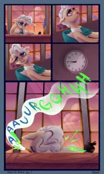 Size: 750x1250 | Tagged: safe, artist:violettacamak, derpibooru import, mayor mare, earth pony, pony, comic:royal pains, bored, clock, evening, facedesk, female, glasses, groan, hooves, inkwell, mare, office, open mouth, pen, quill, solo, tired