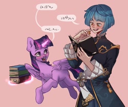 Size: 2048x1712 | Tagged: safe, artist:chibadeer, derpibooru import, twilight sparkle, twilight sparkle (alicorn), alicorn, human, blushing, book, crossover, genshin impact, magic, smiling, xingqiu