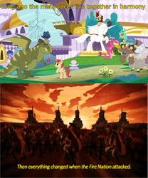 Size: 1280x1539 | Tagged: safe, derpibooru import, edit, edited screencap, screencap, ballista, changedling, changeling, dragon, kirin, pony, unicorn, yak, the last problem, avatar the last airbender, background changeling, background dragon, background kirin, background pony, background yak, canterlot, caption, cloven hooves, cute, daaaaaaaaaaaw, dawwww, dragoness, female, fire nation, flower, hair over eyes, horn, horn ring, image macro, implied interspecies, male, mare, not autumn blaze, pixy canela, rex (dragon), ring, romantic gesture, statue, tail stand, text, unnamed kirin