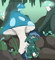 Size: 1272x1388 | Tagged: safe, artist:rokosmith26, derpibooru import, oc, oc only, original species, pony, background, cave, cavern, chest fluff, coat markings, ears, floppy ears, fluffy, green eyes, hoof fluff, looking up, male, moss, mushroom, mushroom pony, open mouth, sitting, sketch, solo, stalactites, stallion, tail