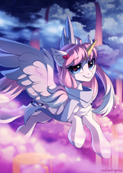 Size: 2000x2825 | Tagged: safe, artist:redchetgreen, oc, oc only, oc:night sky, alicorn, pony, alicorn oc, blue eyes, female, flying, high res, horn, looking at you, mare, smiling, solo, wings