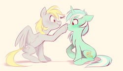 Size: 3309x1936 | Tagged: safe, artist:imalou, derpy hooves, lyra heartstrings, pegasus, pony, unicorn, /mlp/, 4chan, blonde, blonde mane, blonde tail, blushing, boop, cream background, cute, daaaaaaaaaaaw, derpabetes, drawthread, duo, featured image, female, golden eyes, looking at each other, lyrabetes, mare, scrunchy face, spread wings