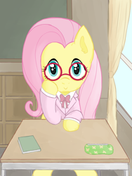 Size: 768x1024 | Tagged: safe, artist:podiponi, derpibooru import, fluttershy, pegasus, pony, book, classroom, clothes, female, full face view, glasses, hoof on cheek, indoors, looking at you, mare, pencil case, round glasses, school, school uniform, sitting, smiling, solo, table, window