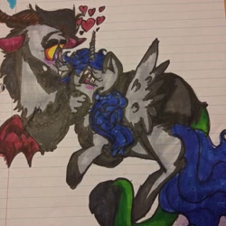 Size: 1080x1080 | Tagged: safe, artist:coco_loves_art, derpibooru import, discord, oc, alicorn, draconequus, pony, alicorn oc, blushing, canon x oc, colored hooves, heart, horn, lined paper, male, traditional art, wings