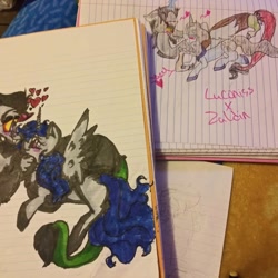 Size: 1080x1080 | Tagged: safe, artist:coco_loves_art, derpibooru import, discord, oc, alicorn, draconequus, pony, unicorn, alicorn oc, blushing, canon x oc, colored hooves, heart, horn, lined paper, male, redraw, traditional art, unicorn oc, wings