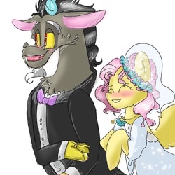 Size: 540x540 | Tagged: safe, artist:coco_loves_art, derpibooru import, discord, fluttershy, draconequus, pegasus, pony, blushing, bowtie, clothes, discoshy, dress, eyes closed, female, male, mare, shipping, straight, suit, wedding dress, wedding veil, wings