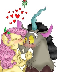 Size: 540x675 | Tagged: safe, artist:coco_loves_art, derpibooru import, discord, fluttershy, draconequus, pegasus, pony, blushing, chest fluff, discoshy, eyes closed, female, heart, holly, holly mistaken for mistletoe, male, mare, mistletoe, shipping, simple background, smiling, straight, white background