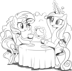 Size: 1270x1257 | Tagged: safe, artist:nauyaco, derpibooru import, princess cadance, sunset shimmer, alicorn, pony, unicorn, crown, food, glowing horn, hoof shoes, horn, jewelry, magic, monochrome, open mouth, regalia, tea, telekinesis