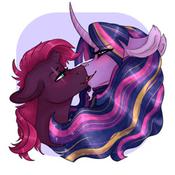 Size: 1280x1280 | Tagged: safe, artist:periwinklechick, derpibooru import, tempest shadow, twilight sparkle, twilight sparkle (alicorn), alicorn, pony, unicorn, blushing, broken horn, bust, eye contact, eye scar, female, horn, kissing, lesbian, looking at each other, mare, scar, shipping, tempestlight