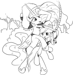 Size: 1216x1234 | Tagged: safe, artist:nauyaco, derpibooru import, daring do, princess celestia, alicorn, pegasus, pony, black and white, duo, ethereal mane, female, grayscale, hat, jungle, lineart, mare, monochrome, rope, sun hat, swinging, windswept mane