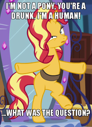 Size: 452x626 | Tagged: safe, derpibooru import, edit, screencap, sunset shimmer, pony, unicorn, better together, equestria girls, forgotten friendship, bag, bipedal, caption, cropped, drunk, faic, female, go home you're drunk, image macro, losing balance, majestic as fuck, saddle bag, shrunken pupils, solo, text, twilight's castle