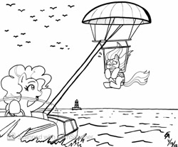 Size: 900x745 | Tagged: safe, artist:mayorlight, derpibooru import, fluttershy, pinkie pie, earth pony, pegasus, pony, boat, female, gritted teeth, ink drawing, mare, monochrome, ocean, parasailing, scared, this will not end well, traditional art