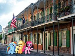 Size: 2700x2025 | Tagged: safe, artist:dashiesparkle edit, derpibooru import, edit, editor:jaredking203, applejack, pinkie pie, rainbow dash, earth pony, pegasus, pony, female, irl, louisiana, mare, new orleans, photo, ponies in real life, story included, trio, vector, vector edit