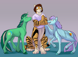 Size: 1200x880 | Tagged: safe, artist:foxenawolf, derpibooru import, oc, oc:chakat tigerbright, cat, chakat, original species, pegasus, taur, unicorn, fanfic:foreign affairs, breasts, cutie mark, fanfic art, female, male, unshorn fetlocks