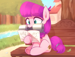 Size: 3600x2761 | Tagged: safe, artist:maren, derpibooru import, lily longsocks, earth pony, pony, barbell, bench, cute, eyes closed, female, filly, manual, mouth hold, reading, river, sitting, solo, strong, tree, weight