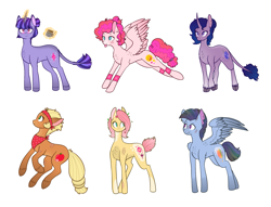 Size: 2085x1591 | Tagged: safe, artist:nikytale, derpibooru import, applejack, fluttershy, pinkie pie, rainbow dash, rarity, twilight sparkle, unicorn twilight, classical unicorn, earth pony, pegasus, pony, unicorn, alternate cutie mark, cloven hooves, earth pony fluttershy, glasses, leonine tail, mane six, mug, pegasus pinkie pie, race swap, simple background, tongue out, unshorn fetlocks, white background