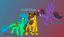 Size: 1280x743 | Tagged: safe, artist:mamabird94, derpibooru import, oc, oc only, oc:gold dust, oc:insana, oc:sea grass, pegasus, pony, unicorn, female, mare, watermark