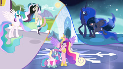 Size: 1024x577 | Tagged: safe, artist:velveagicsentryyt, derpibooru import, princess cadance, princess flurry heart, princess luna, oc, oc:moonlight sonata, oc:mysterilestia, alicorn, hybrid, pony, female, interspecies offspring, mother and child, mother and daughter, offspring, older, older flurry heart, parent and child, parent:discord, parent:king sombra, parent:princess celestia, parent:princess luna, parents:dislestia, parents:lumbra, spread wings, wings