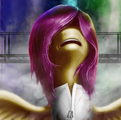 Size: 339x336 | Tagged: safe, artist:abluskittle, derpibooru import, scootaloo, oc, oc only, oc:absentia, pegasus, fanfic:rainbow factory, cropped, crying, looking up, not fluttershy, pegasus device, white suit
