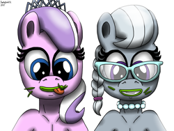 Size: 2048x1536 | Tagged: safe, artist:darkyboode32, derpibooru import, diamond tiara, silver spoon, earth pony, pony, best friends, duo, duo female, female, filly, glasses, grass, grin, horses doing horse things, jewelry, lipstick, necklace, simple background, smiling, tiara, tongue out, white background