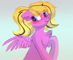 Size: 2048x1667 | Tagged: safe, artist:_mpiesocks, artist:raily, derpibooru import, oc, oc:sunny smiles, pegasus, pony, bust, portrait, solo, spread wings, tongue out, wings