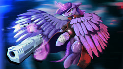 Size: 4009x2255 | Tagged: safe, artist:imadeoos, derpibooru import, twilight sparkle, twilight sparkle (alicorn), alicorn, pony, clothes, coat, gun, gunshot, handgun, large wings, pistol, solo, wings